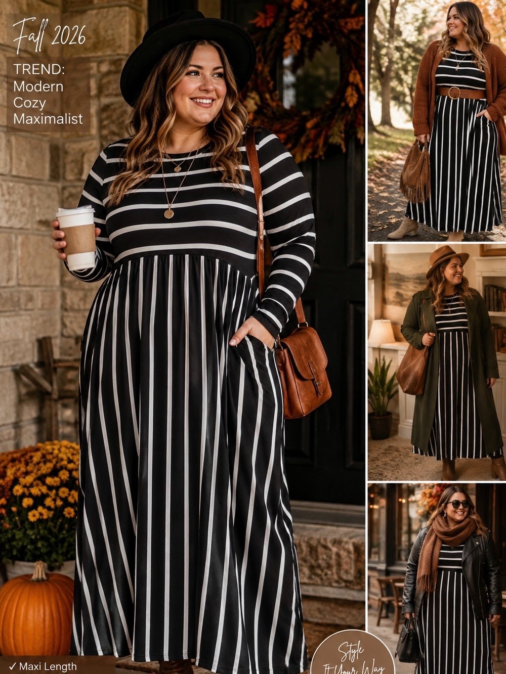 Black White Striped Maxi Dress Plus Size Boho Casual Long Sleeve Dress Fall